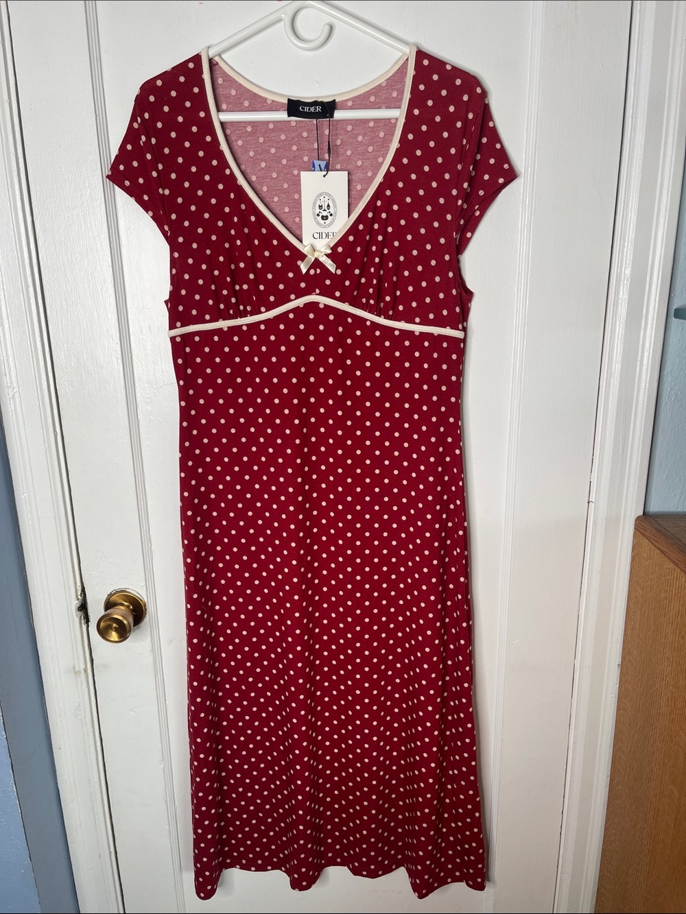 New Cider Dress XL Brick Red Polka Dots Bow Stretch Cap Sleeves V-neck Sexy NWT